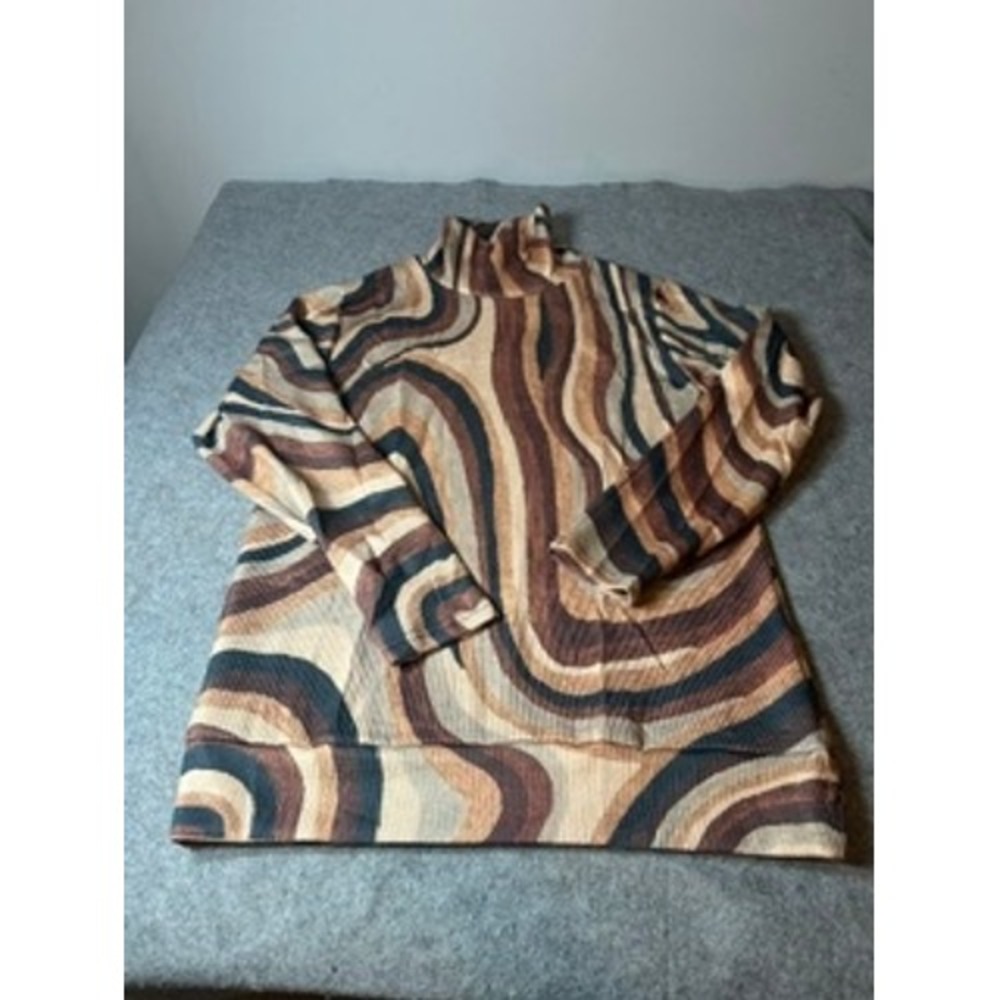 Womens XL Brown Abstract Swirl Ribbed Turtleneck Long Sleeve Top Earthy Retro